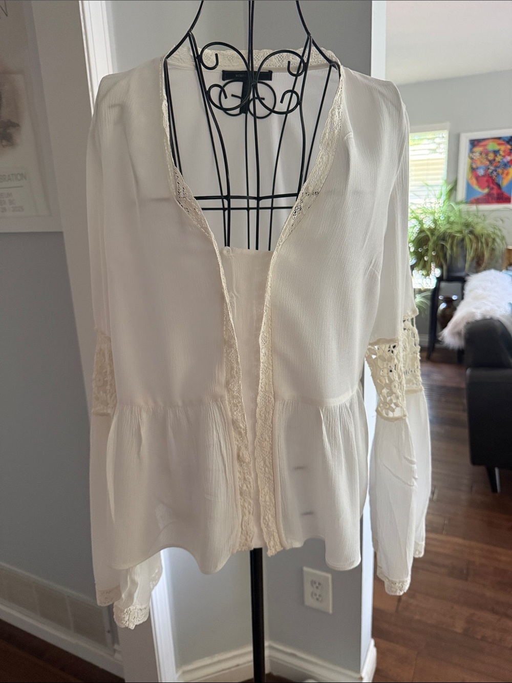 BCBGMaxAzria Ivory Lace-Trim Open Peplum Blouse